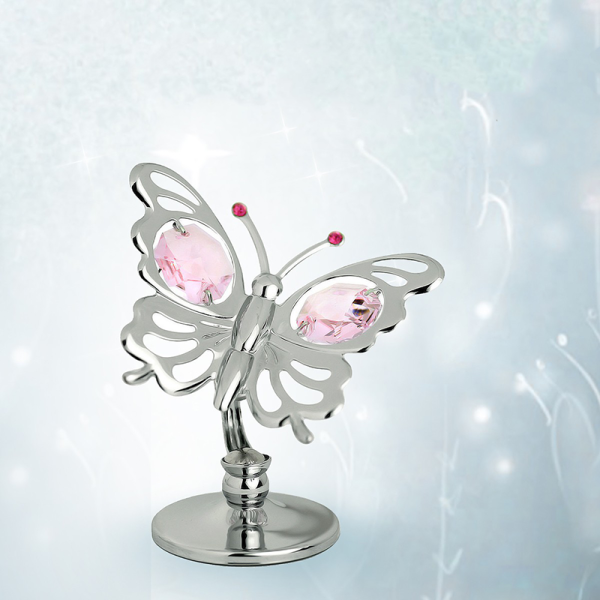 Decoratiune Fluturas Argintiu Cristale Swarovski Roz1