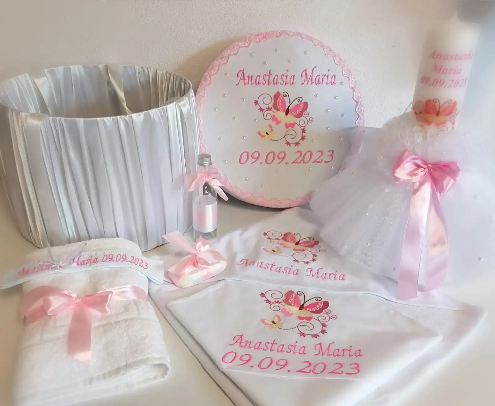 Set Lumânare + Trusou Botez complet Pink Butterfly