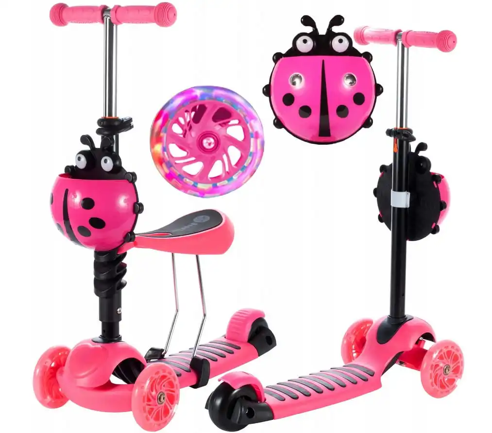 Trotineta pentru copii Roz, 2 in 1, cu scaunel si roti luminoase Buburuza  Vesela Trotineta pentru copii Roz, 2 in 1, cu scaunel si roti luminoase Buburuza Vesela