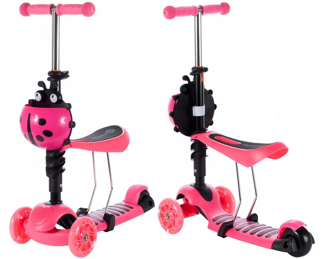 Trotineta pentru copii Roz, 2 in 1, cu scaunel si roti luminoase Buburuza  Vesela Trotineta pentru copii Roz, 2 in 1, cu scaunel si roti luminoase Buburuza Vesela