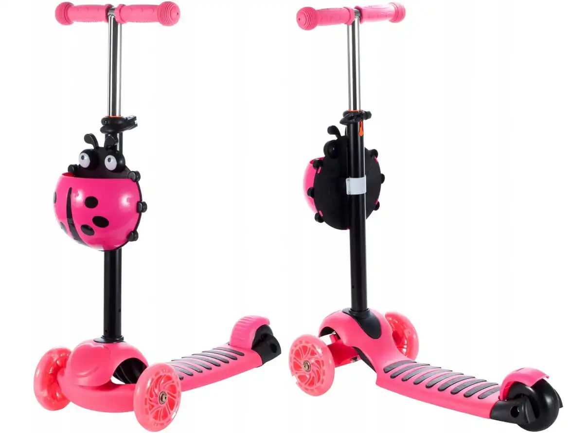Trotineta pentru copii Roz, 2 in 1, cu scaunel si roti luminoase Buburuza  Vesela Trotineta pentru copii Roz, 2 in 1, cu scaunel si roti luminoase Buburuza Vesela
