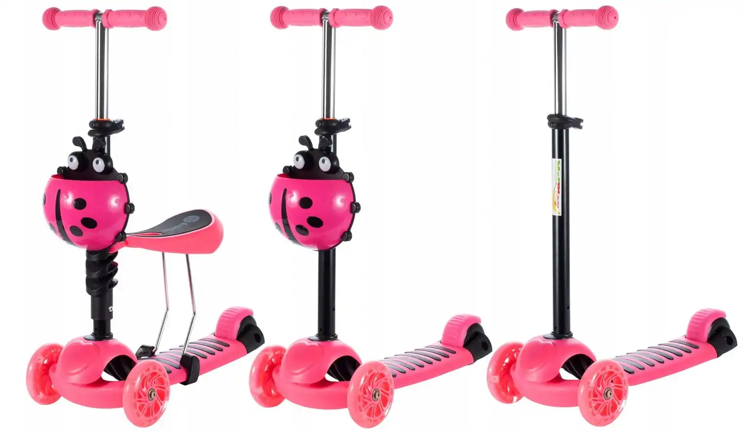 Trotineta pentru copii Roz, 2 in 1, cu scaunel si roti luminoase Buburuza  Vesela Trotineta pentru copii Roz, 2 in 1, cu scaunel si roti luminoase Buburuza Vesela