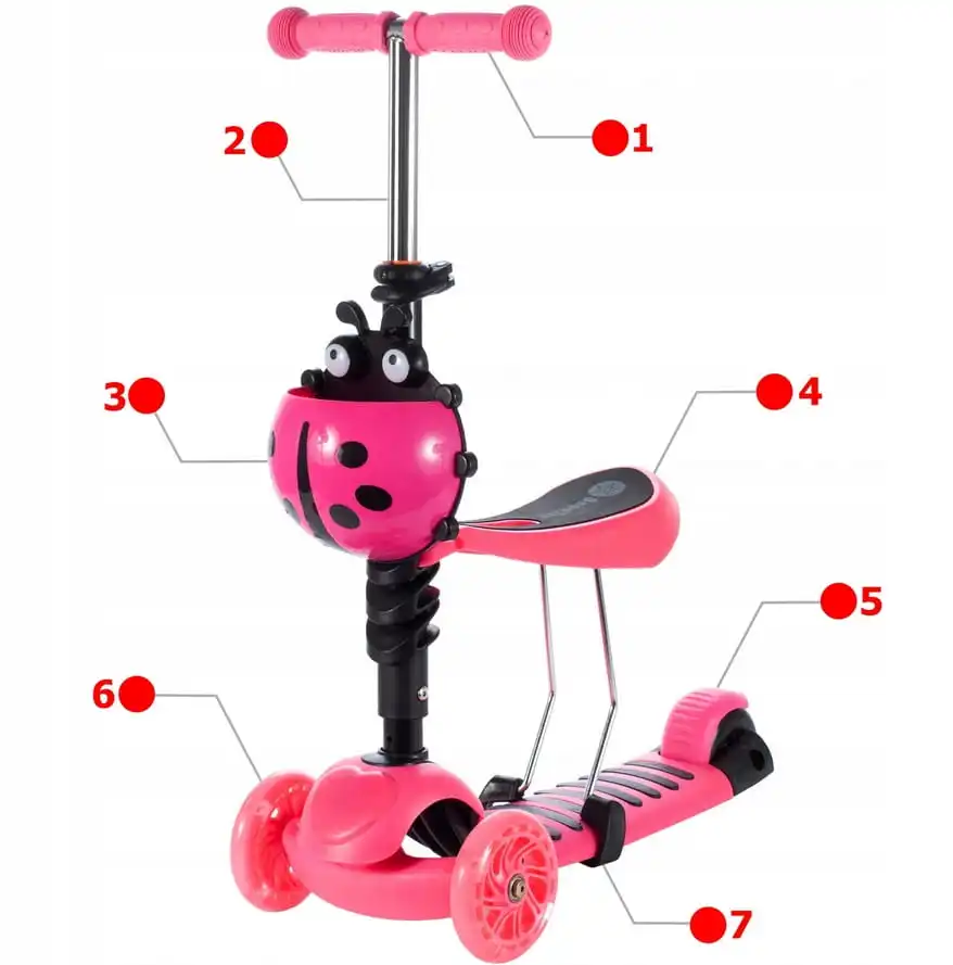 Trotineta pentru copii Roz, 2 in 1, cu scaunel si roti luminoase Buburuza  Vesela Trotineta pentru copii Roz, 2 in 1, cu scaunel si roti luminoase Buburuza Vesela